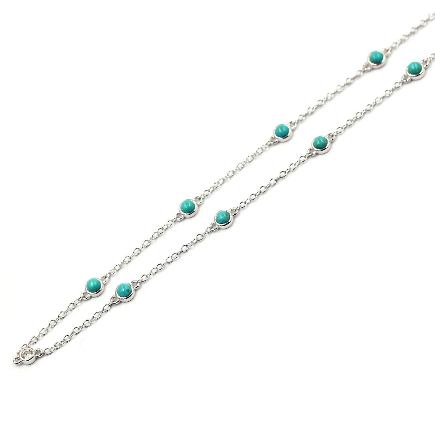 Sterling Silver 3mm Sleeping Beauty Turq & Bezel-Set White Topaz Station 16" Necklace + 2" Ext