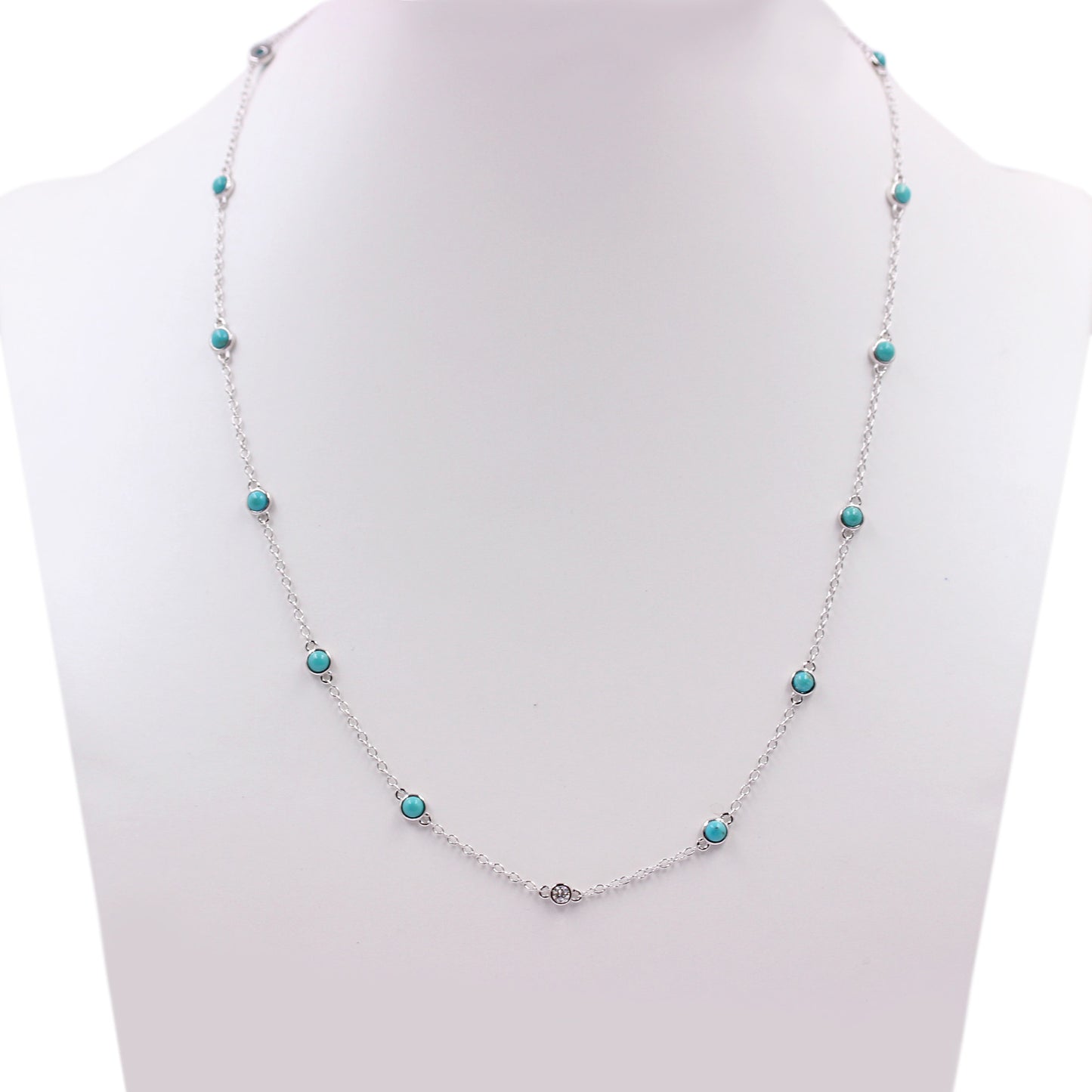 Sterling Silver 3mm Sleeping Beauty Turq & Bezel-Set White Topaz Station 16" Necklace + 2" Ext