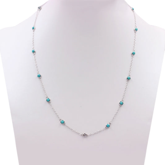 Sterling Silver 3mm Sleeping Beauty Turq & Bezel-Set White Topaz Station 16" Necklace + 2" Ext