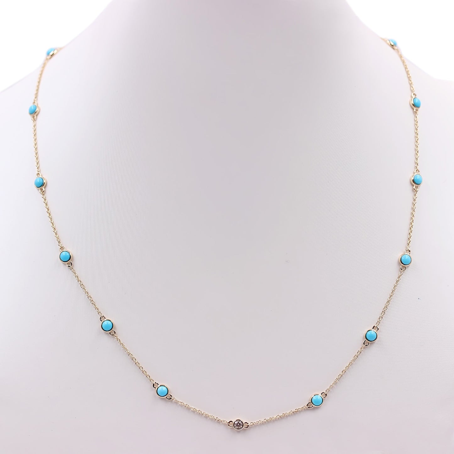 Sterling Silver 3mm Sleeping Beauty Turq & Bezel-Set White Topaz Station 16" Necklace + 2" Ext
