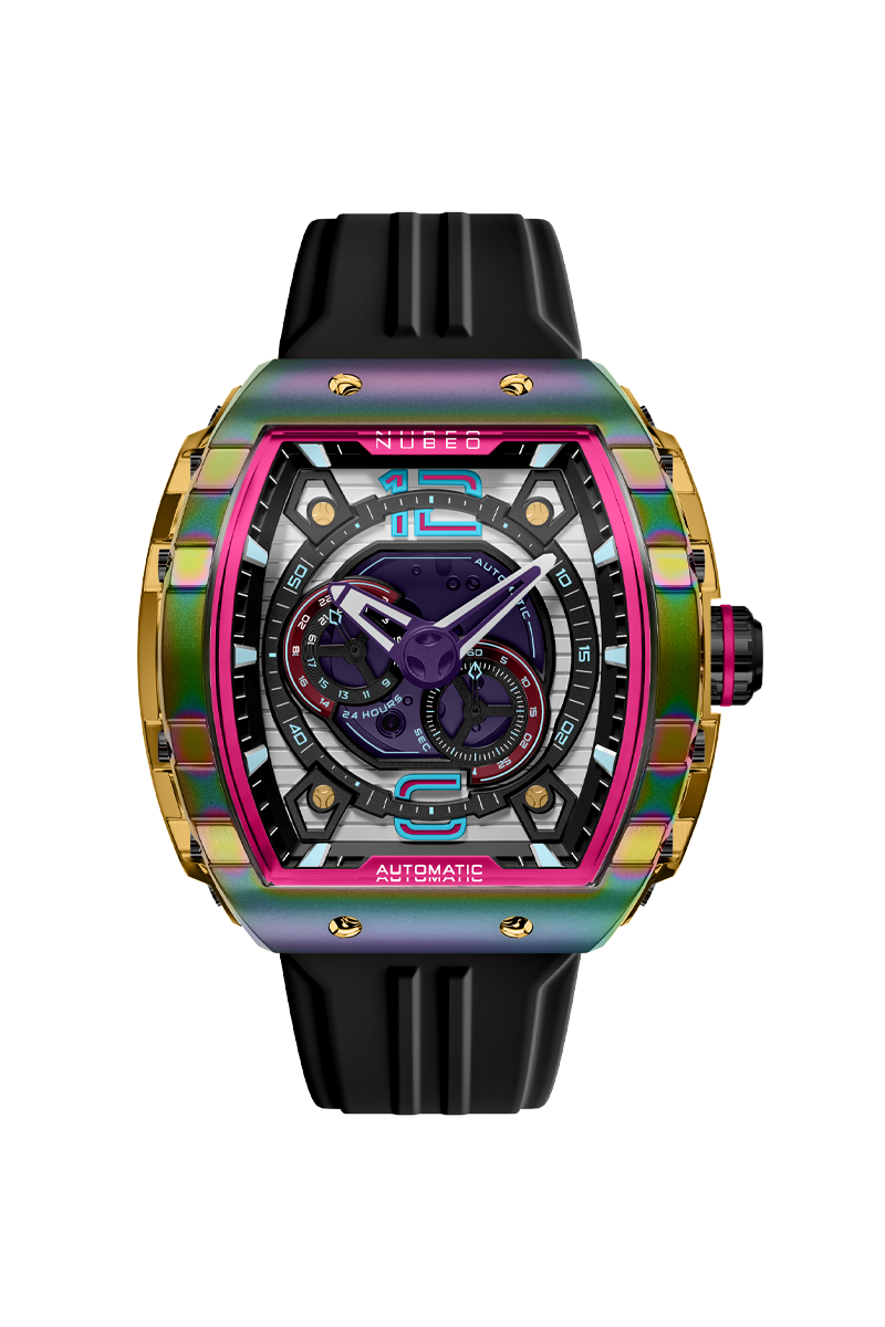 Nubeo Men's 49mm Magellan Automatic 24 Hour Tonneau Silicone Strap Watch