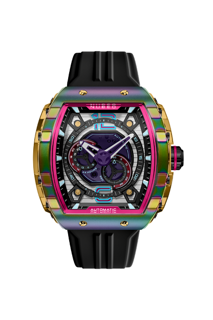 Nubeo Men's 49mm Magellan Automatic 24 Hour Tonneau Silicone Strap Watch
