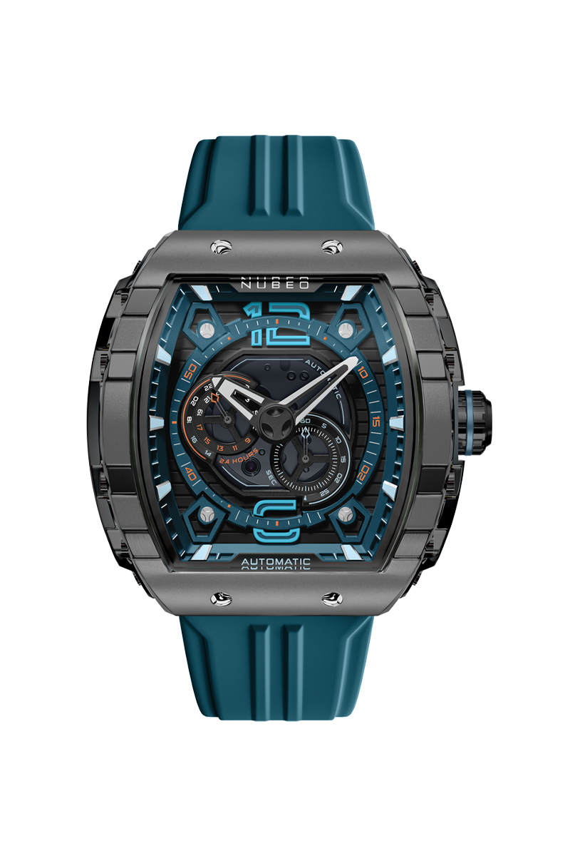 Nubeo Men's 49mm Magellan Automatic 24 Hour Tonneau Silicone Strap Watch