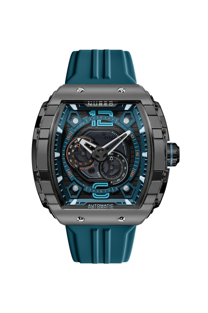 Nubeo Men's 49mm Magellan Automatic 24 Hour Tonneau Silicone Strap Watch