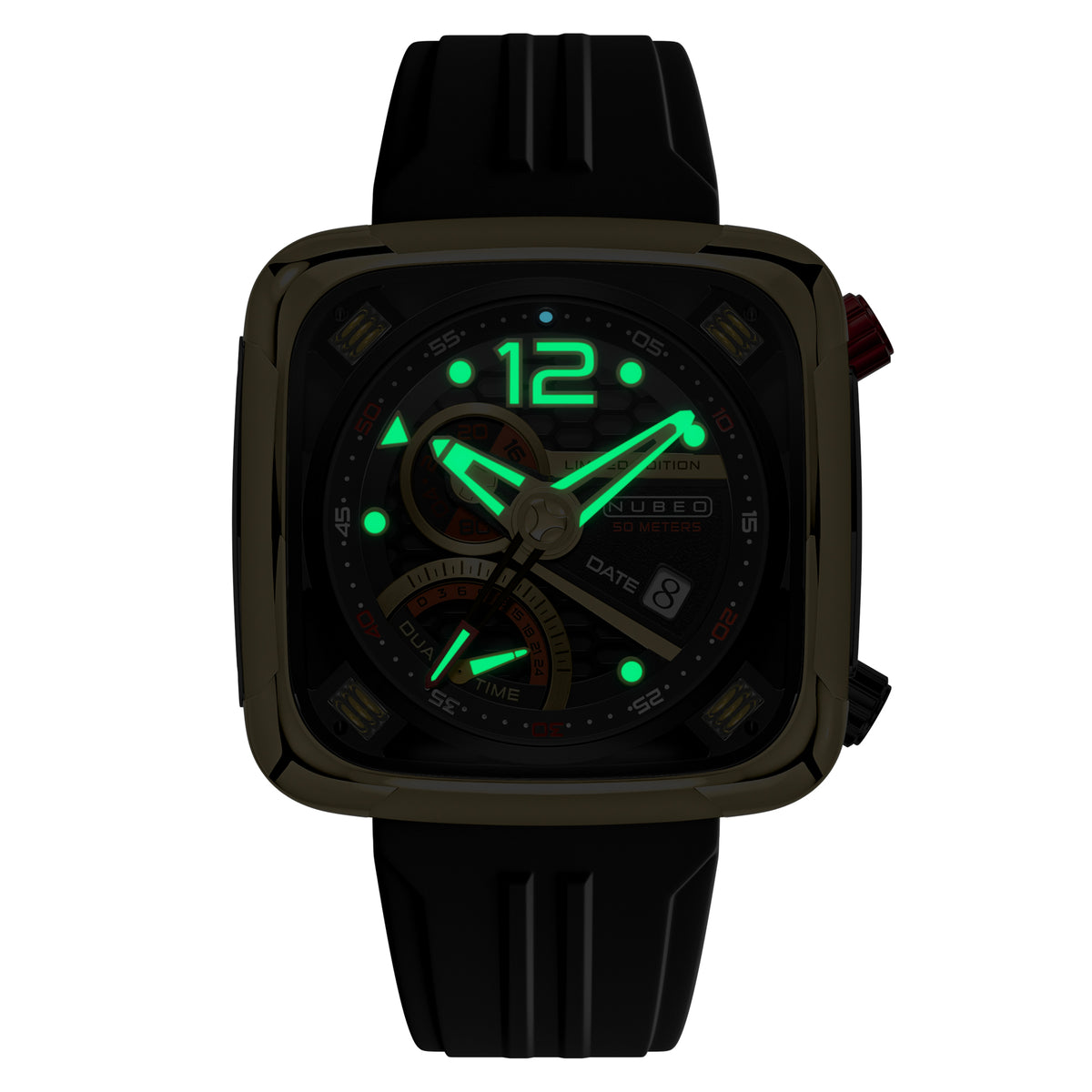 Nubeo Men's 45mm Ecliptic Quartz Retrograde Dual Time Rubber Strap Watch