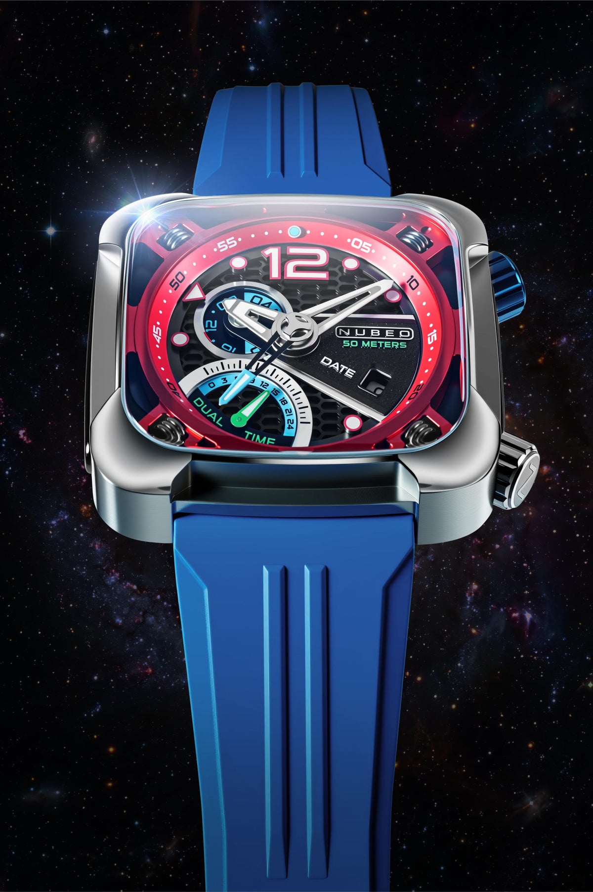 Nubeo Men's 45mm Ecliptic Quartz Retrograde Dual Time Rubber Strap Watch