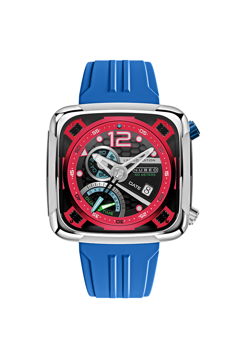 Nubeo Men's 45mm Ecliptic Quartz Retrograde Dual Time Rubber Strap Watch