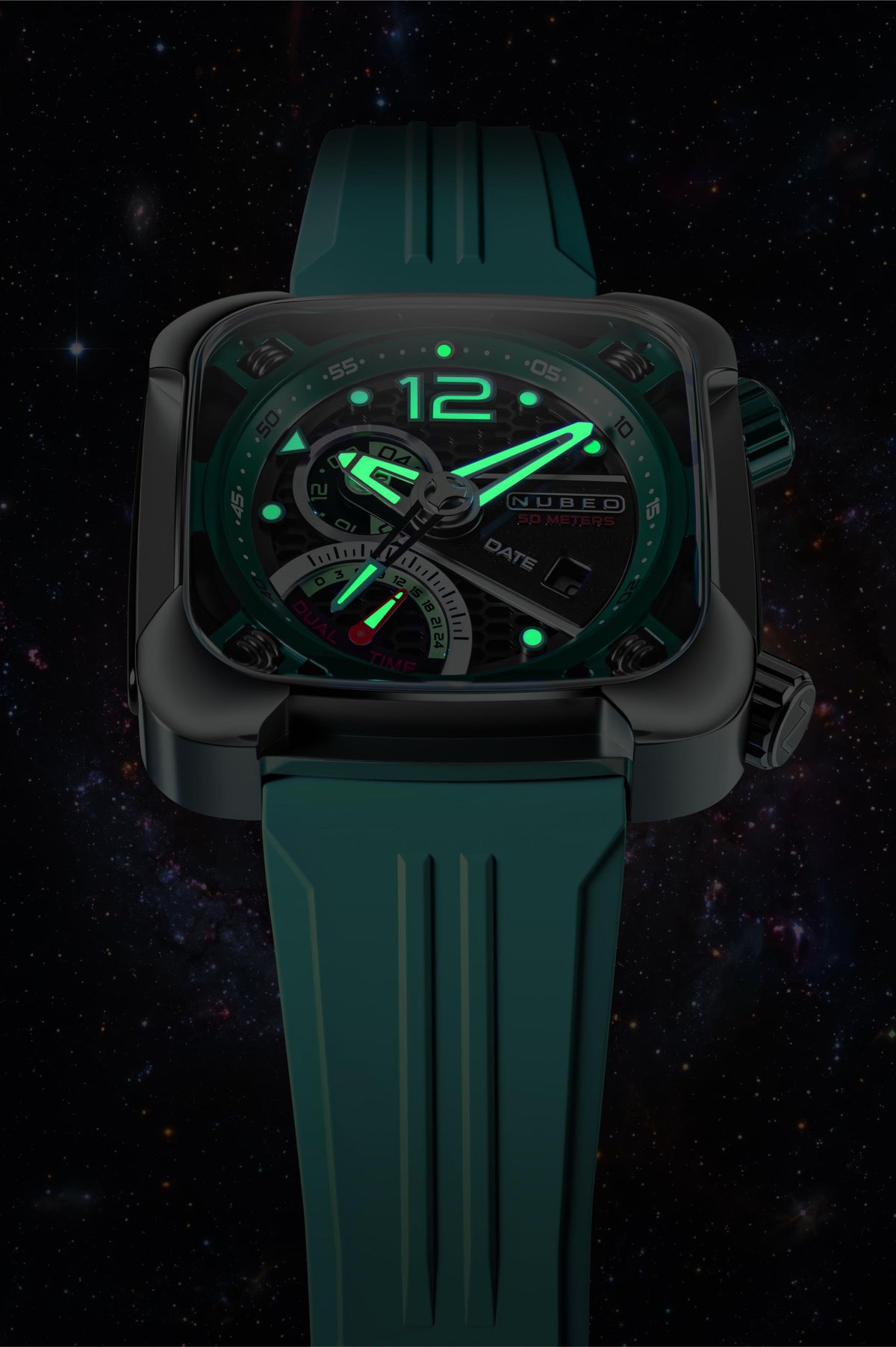 Nubeo Men's 45mm Ecliptic Quartz Retrograde Dual Time Rubber Strap Watch