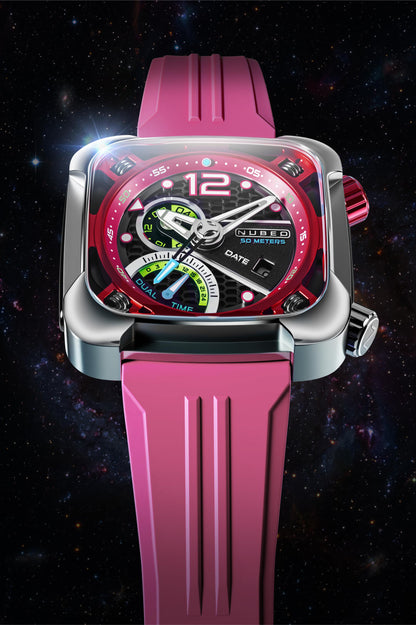 Nubeo Men's 45mm Ecliptic Quartz Retrograde Dual Time Rubber Strap Watch