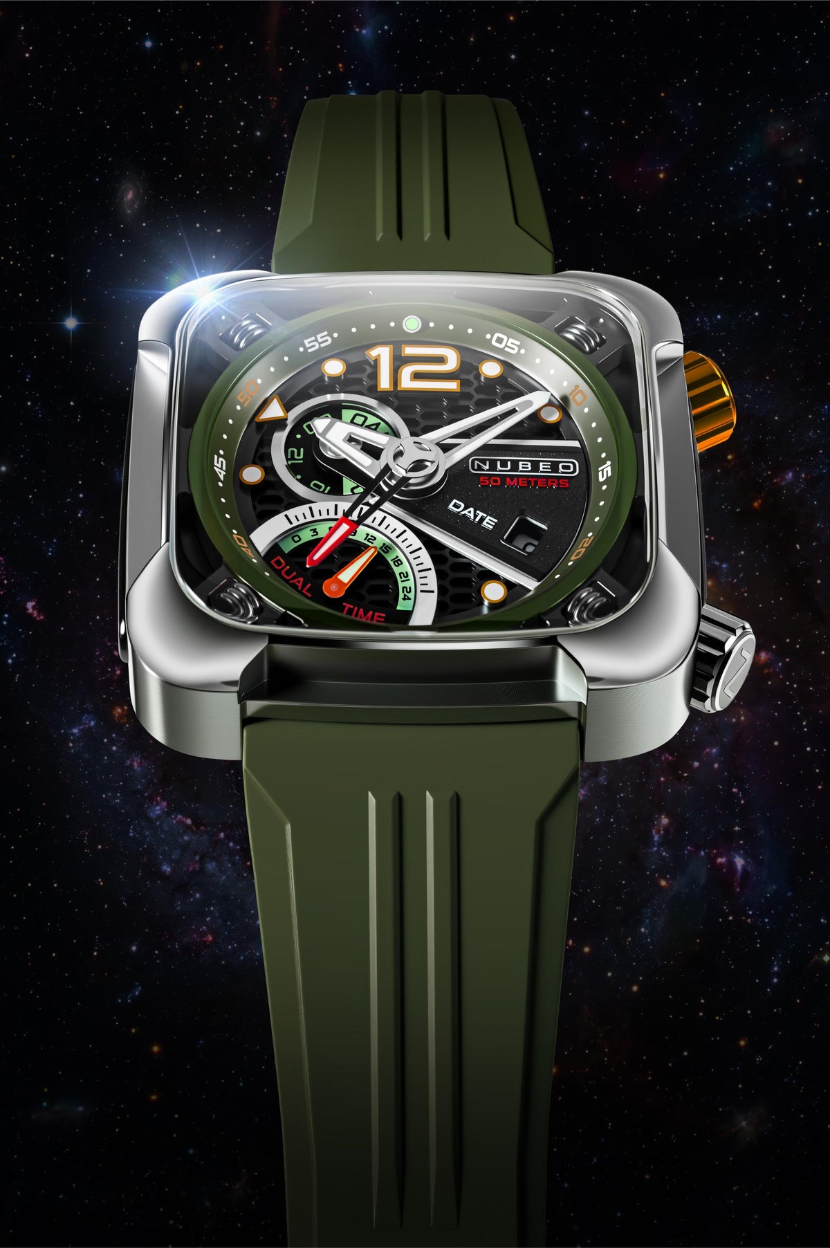 Nubeo Men's 45mm Ecliptic Quartz Retrograde Dual Time Rubber Strap Watch
