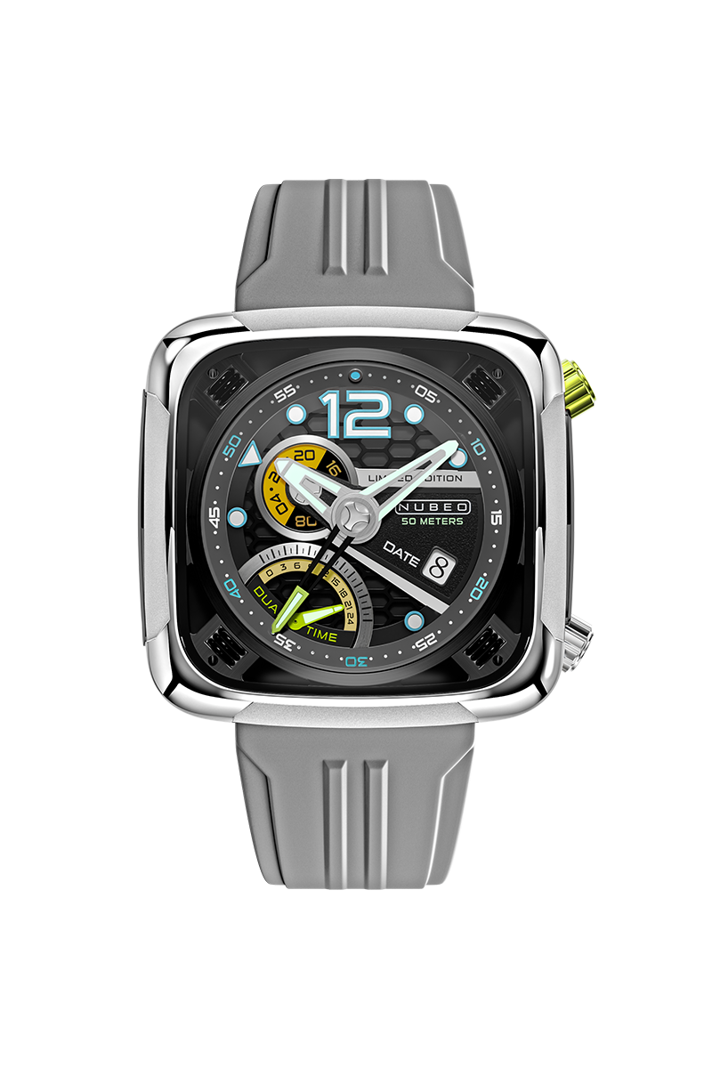 Nubeo Men's 45mm Ecliptic Quartz Retrograde Dual Time Rubber Strap Watch