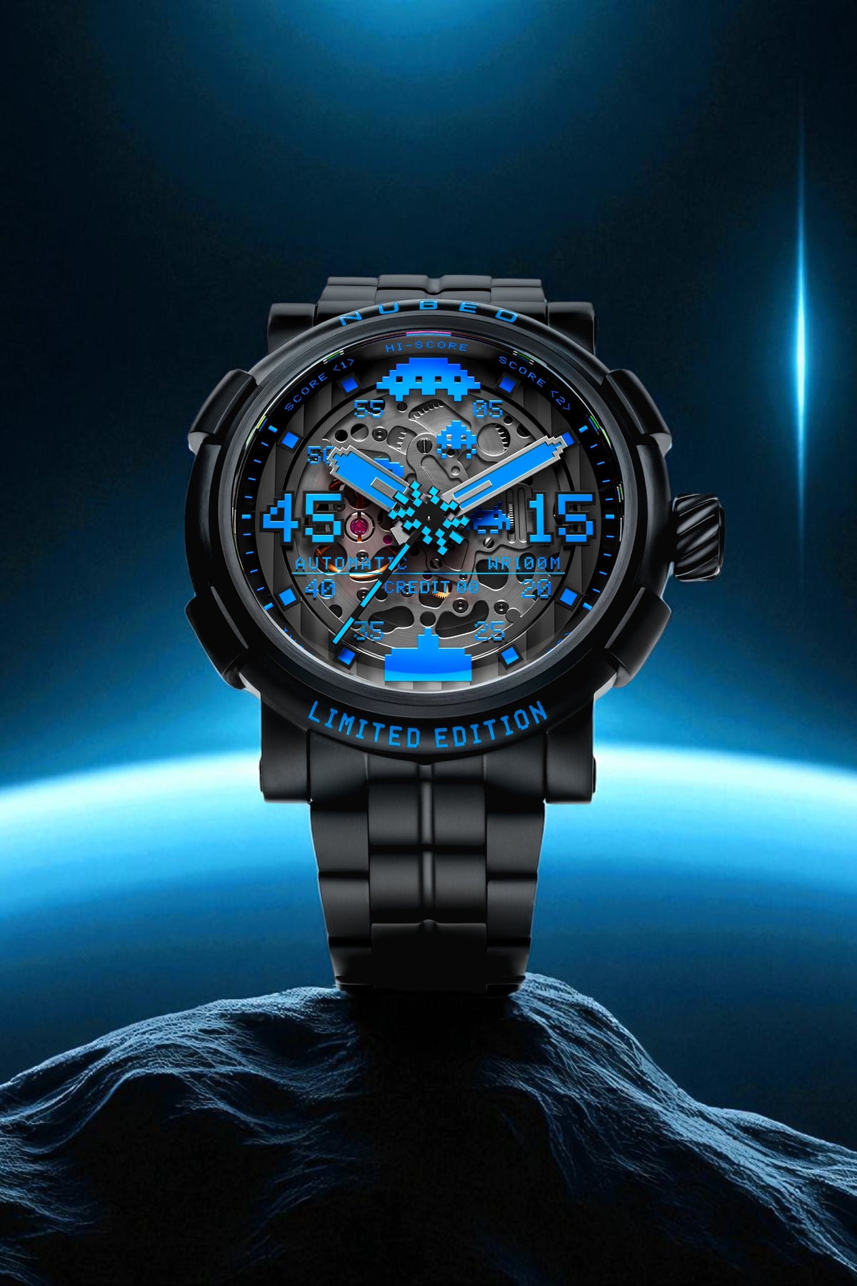 Nubeo Men's 50mm Orion Automatic Space Invaders Lmt Ed Blackout Interchangeable Bracelet Watch