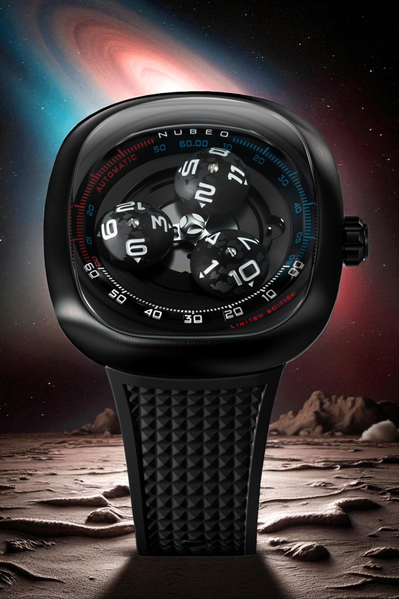 Nubeo Men's 46mm Tri-Star Orbit Automatic Limited Edition Oval Rubber Strap Watch