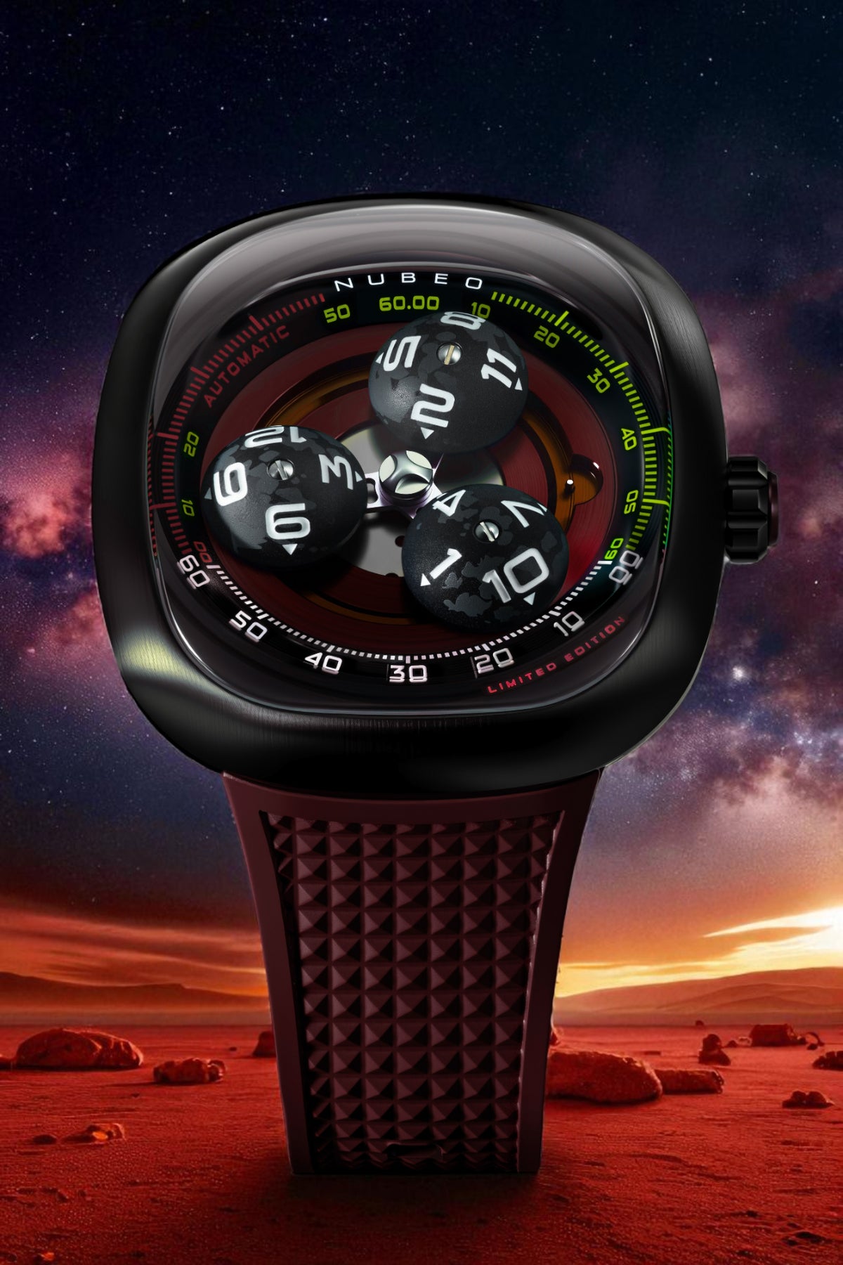Nubeo Men's 46mm Tri-Star Orbit Automatic Limited Edition Oval Rubber Strap Watch