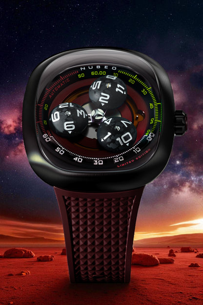 Nubeo Men's 46mm Tri-Star Orbit Automatic Limited Edition Oval Rubber Strap Watch