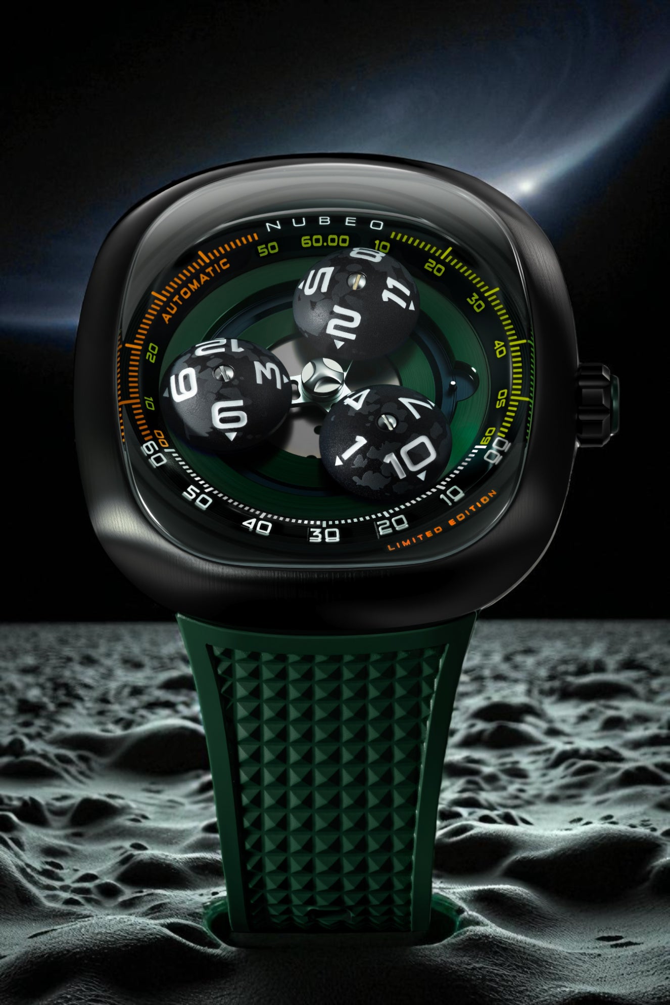 Nubeo Men's 46mm Tri-Star Orbit Automatic Limited Edition Oval Rubber Strap Watch