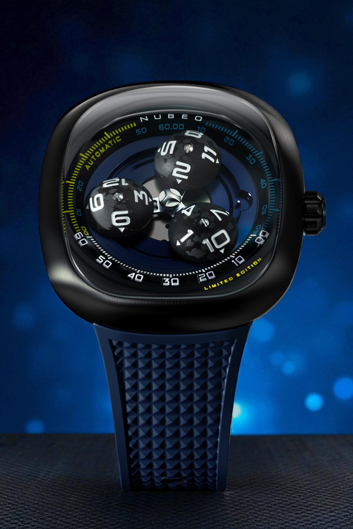 Nubeo Men's 46mm Tri-Star Orbit Automatic Limited Edition Oval Rubber Strap Watch