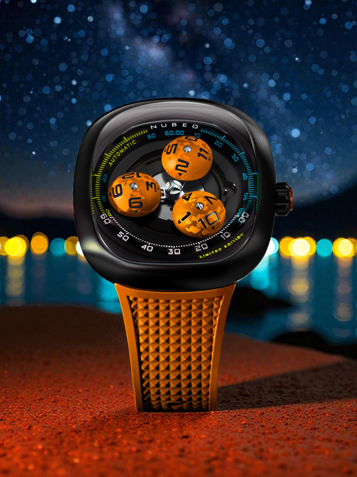 Nubeo Men's 46mm Tri-Star Orbit Automatic Limited Edition Oval Rubber Strap Watch