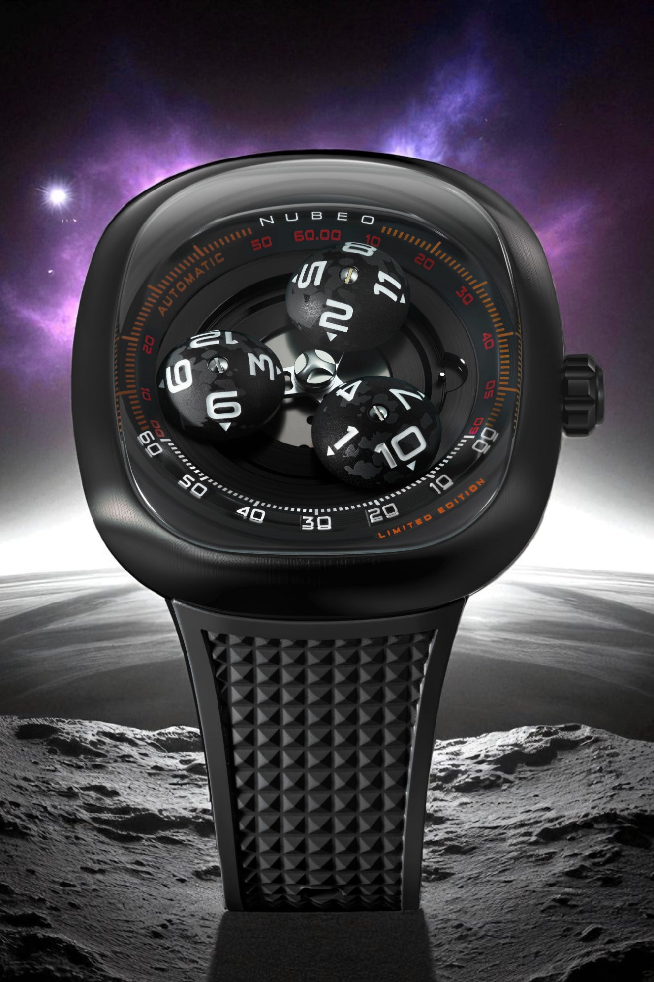 Nubeo Men's 46mm Tri-Star Orbit Automatic Limited Edition Oval Rubber Strap Watch