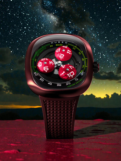 Nubeo Men's 46mm Tri-Star Orbit Automatic Lmt Ed Oval Monochromatic Rubber Strap Watch