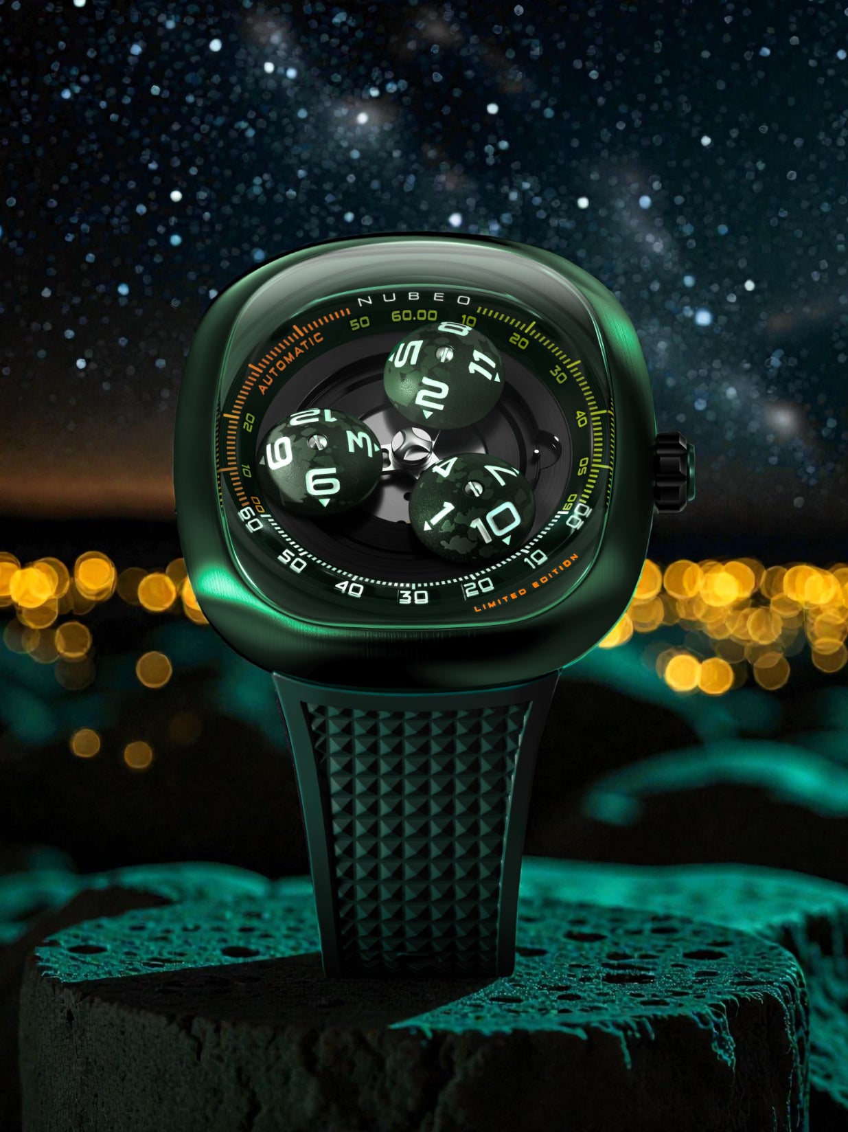 Nubeo Men's 46mm Tri-Star Orbit Automatic Lmt Ed Oval Monochromatic Rubber Strap Watch