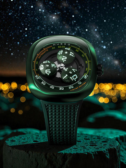 Nubeo Men's 46mm Tri-Star Orbit Automatic Lmt Ed Oval Monochromatic Rubber Strap Watch