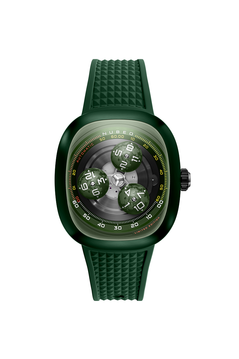 Nubeo Men's 46mm Tri-Star Orbit Automatic Lmt Ed Oval Monochromatic Rubber Strap Watch