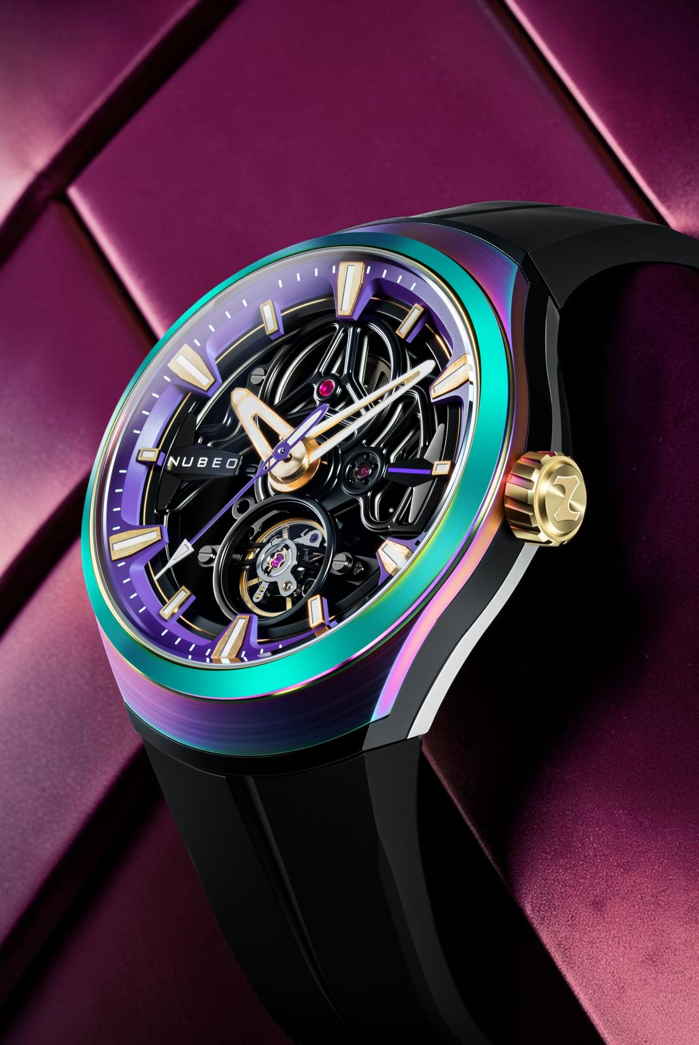 Nubeo Men's 48mm Ulysses Automatic Iridescent Open Heart Silicone Strap Watch
