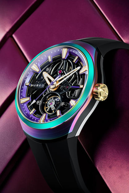 Nubeo Men's 48mm Ulysses Automatic Iridescent Open Heart Silicone Strap Watch