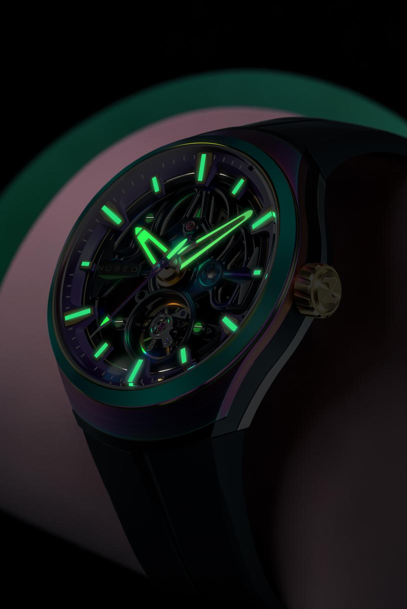 Nubeo Men's 48mm Ulysses Automatic Iridescent Open Heart Silicone Strap Watch