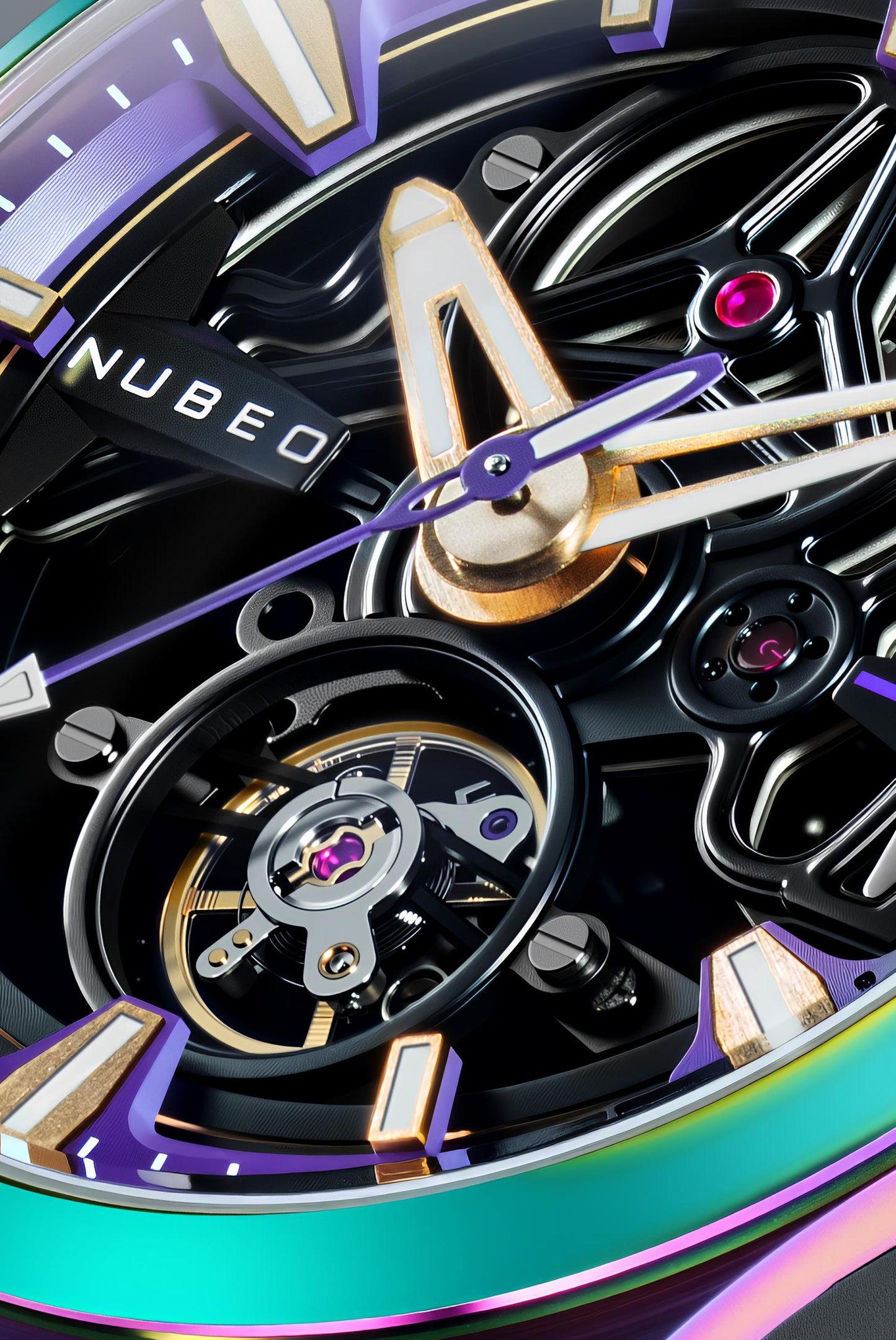 Nubeo Men's 48mm Ulysses Automatic Iridescent Open Heart Silicone Strap Watch
