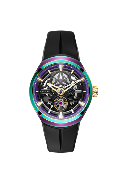Nubeo Men's 48mm Ulysses Automatic Iridescent Open Heart Silicone Strap Watch