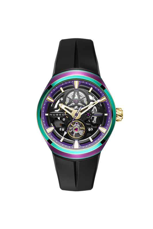 Nubeo Men's 48mm Ulysses Automatic Iridescent Open Heart Silicone Strap Watch