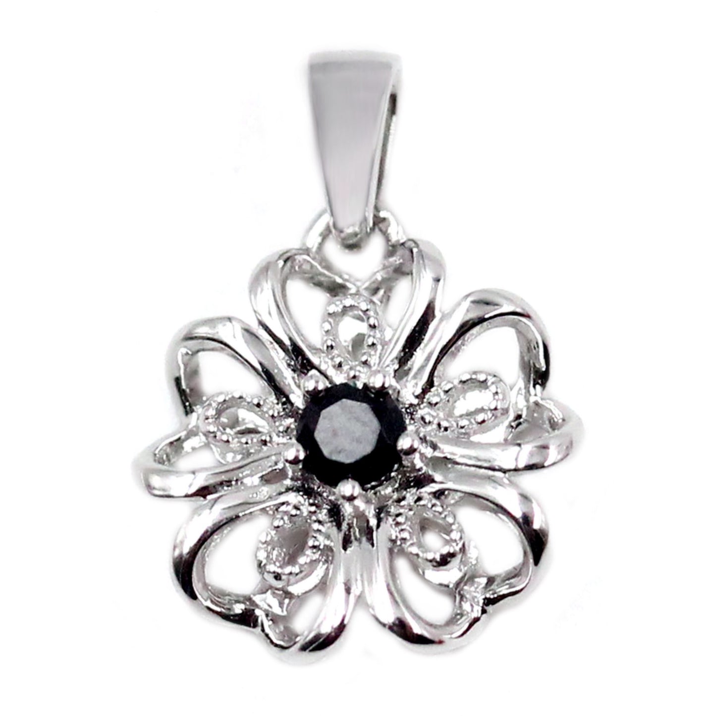 Gem Treasures Sterling Silver Black Spinel Flower Pendant with Chain