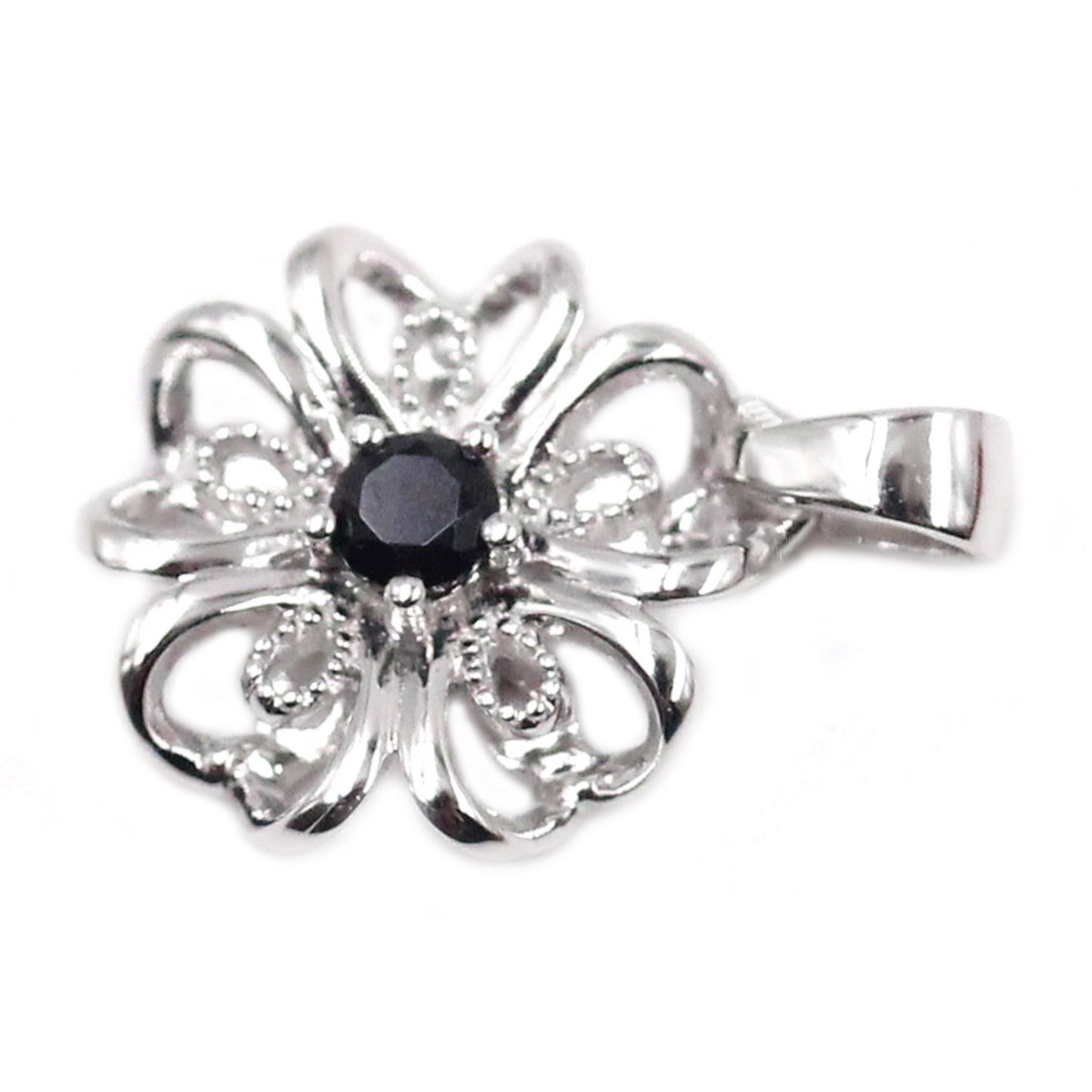 Gem Treasures Sterling Silver Black Spinel Flower Pendant with Chain