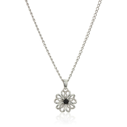 Gem Treasures Sterling Silver Black Spinel Flower Pendant with Chain
