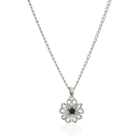 Gem Treasures Sterling Silver Black Spinel Flower Pendant with Chain