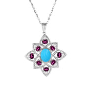 Sterling Silver 9x7mm Sleeping Beauty & Exotic Gemstone Floral Pendant with Chain