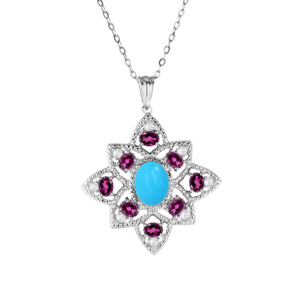 Sterling Silver 9x7mm Sleeping Beauty & Exotic Gemstone Floral Pendant with Chain