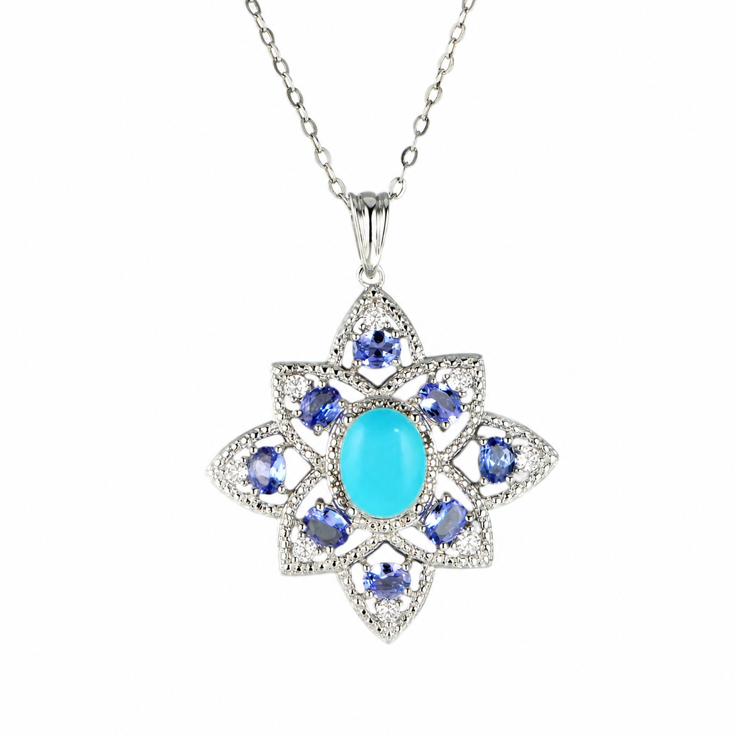 Sterling Silver 9x7mm Sleeping Beauty & Exotic Gemstone Floral Pendant with Chain