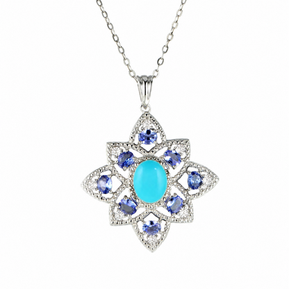 Sterling Silver 9x7mm Sleeping Beauty & Exotic Gemstone Floral Pendant with Chain