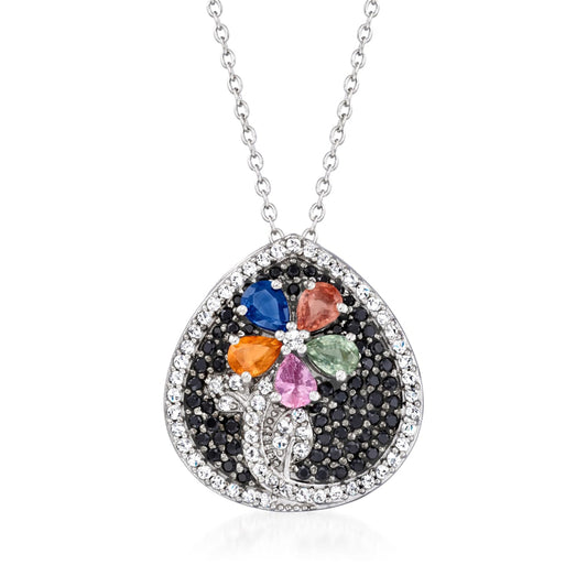 Gem Treasures Sterling Silver Black Spinel & Multi-Sapphire Flower Pendant with Chain