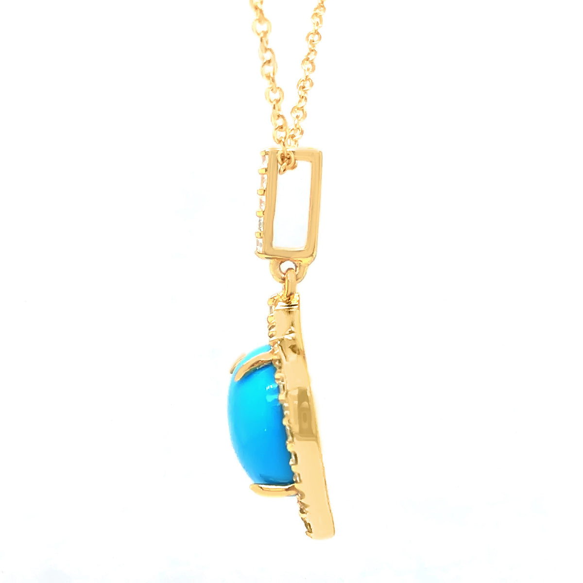 Gold Plated 12x10mm Sleeping Beauty Turq & White Topaz Halo East-West Pendant with Chain