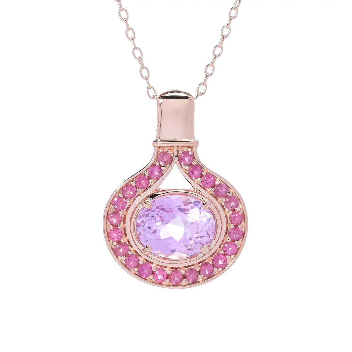 Gem Treasures 18K Gold Plated 9x7mm Kunzite East-West Halo Pendant with Chain