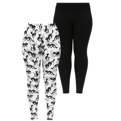 White Mark Women's Set of 2 Print & Solid Leggings