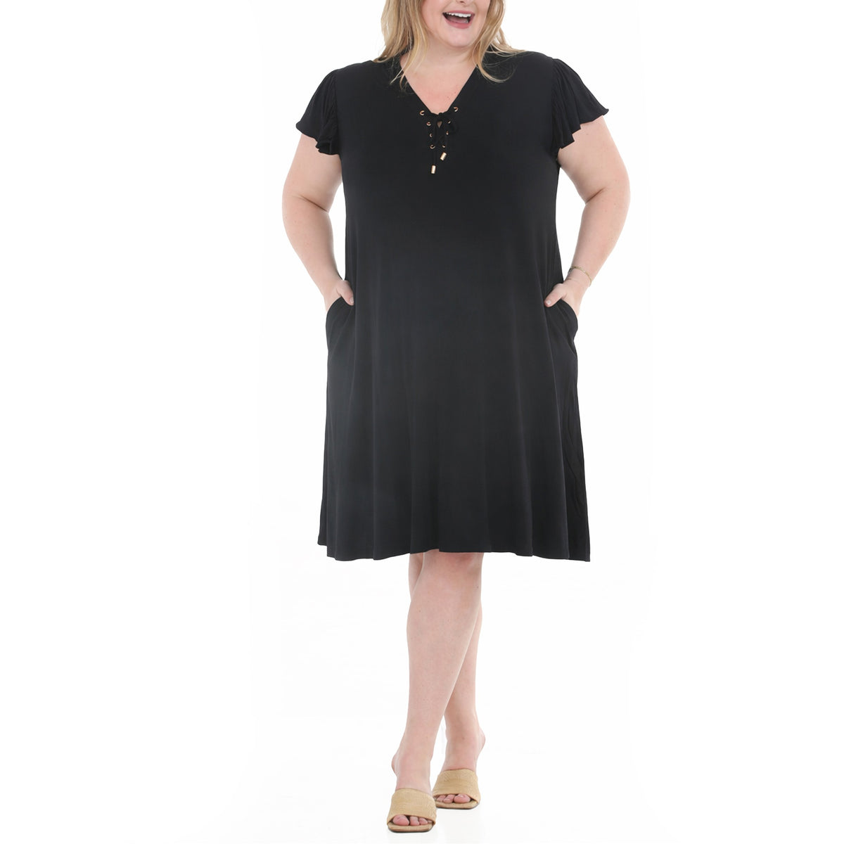White Mark Women's Tie Front Flutter Sleeve Shift Dress