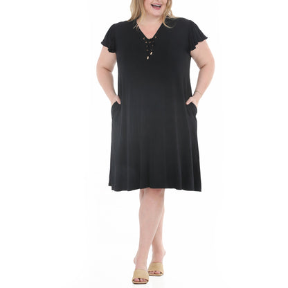White Mark Women's Tie Front Flutter Sleeve Shift Dress