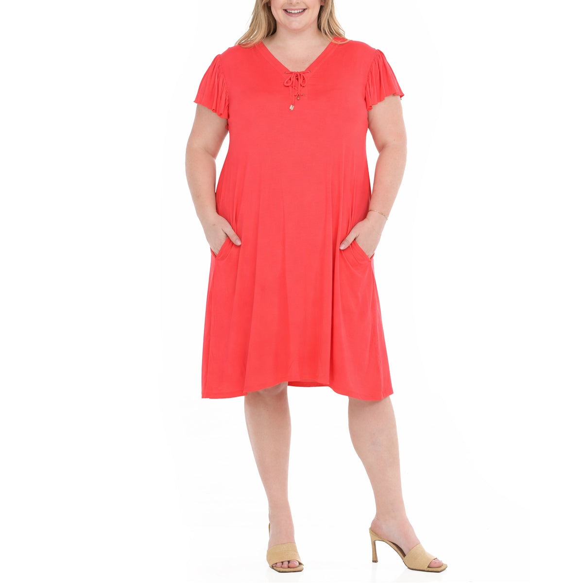 White Mark Women's Tie Front Flutter Sleeve Shift Dress