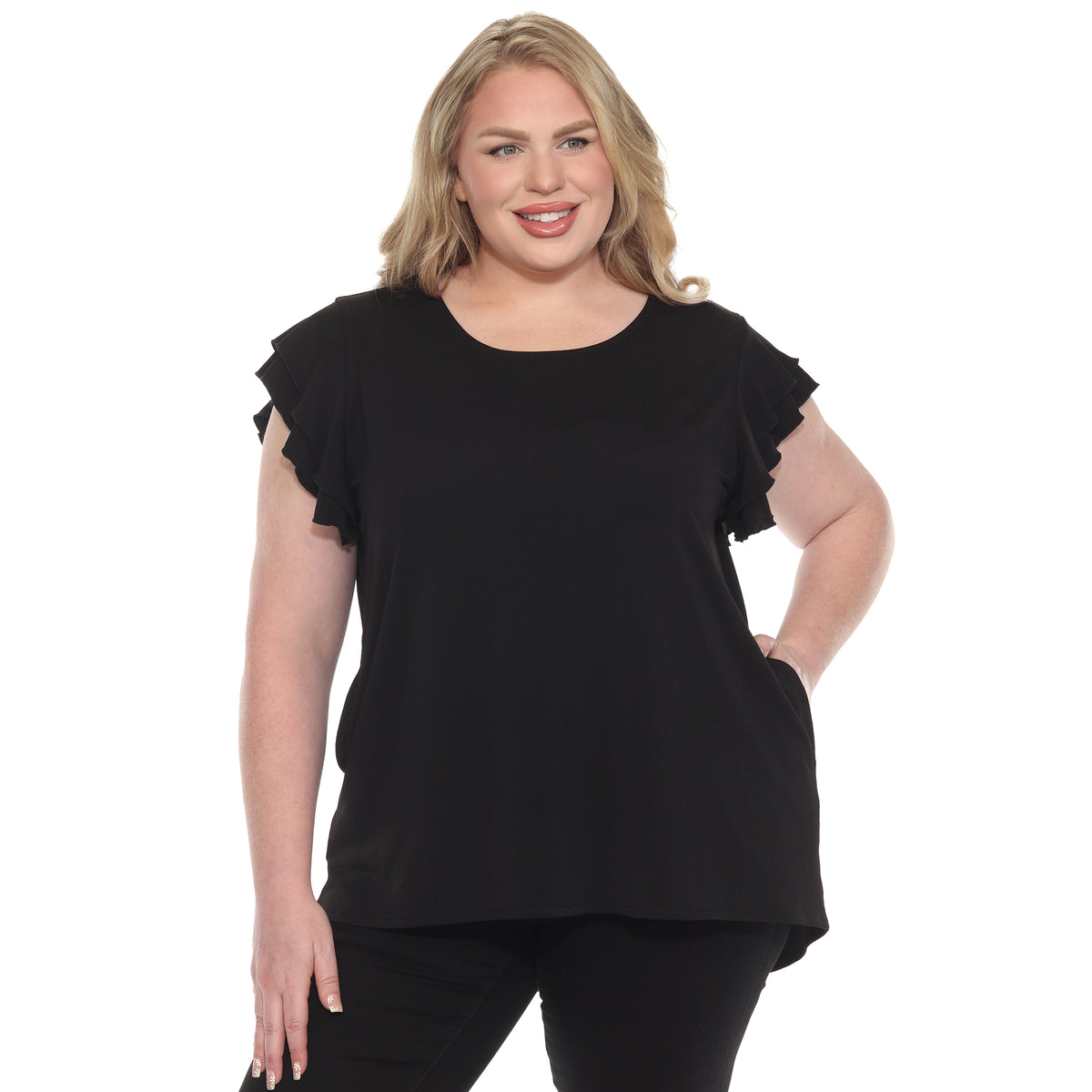 White Mark Women's Ruffle Sleeve Short Sleeve Solid Top