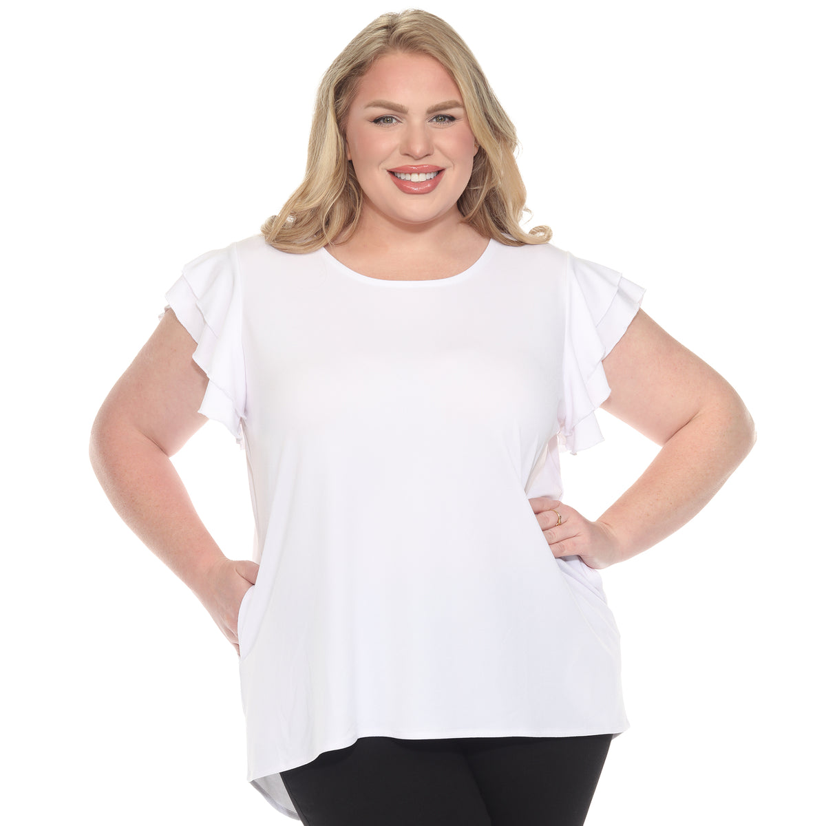 White Mark Women's Ruffle Sleeve Short Sleeve Solid Top